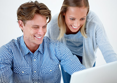 Buy stock photo Happy couple, laptop and research for browsing web, social media or communication together at home. Man and woman smile on computer for good news, email or deal on promotion or online sale at house