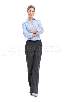 Buy stock photo Business woman, full body portrait and confident smile with vision, leadership and motivation on white background. Corporate fashion, professional confidence and happy woman boss standing in studio.