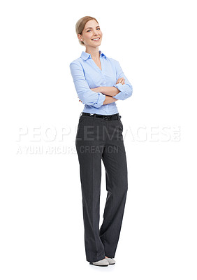 Buy stock photo Business, leadership and body portrait of happy woman with confident smile, vision and motivation on white background. Corporate fashion, professional job confidence and woman ceo standing in studio.