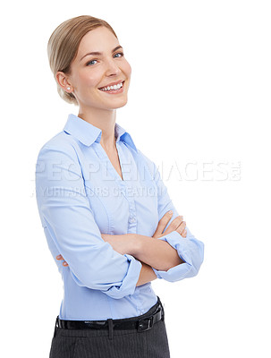 Buy stock photo Portrait, business and woman arms crossed, smile and confident employee isolated on white studio background. Female, ceo and leader with corporate success, marketing manager or leadership for company