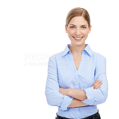 Buy stock photo Face portrait, arms crossed and business woman in studio on a white background mock up. Leadership, boss and smile of happy, confident and proud female ceo from Canada with vision and success mindset