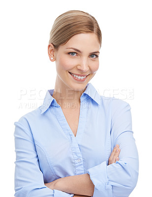 Buy stock photo Face portrait, business woman and arms crossed in studio on white background. Leadership, boss and smile of happy, confident and proud female ceo from Canada with vision, mission and success mindset.