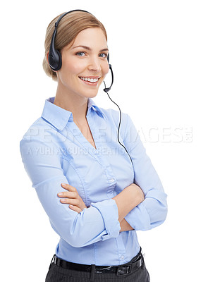Buy stock photo Call center, portrait and woman on a white background in telemarketing, contact us marketing or telecom. Proud woman consultant, customer support worker or callcenter employee smile on face in studio