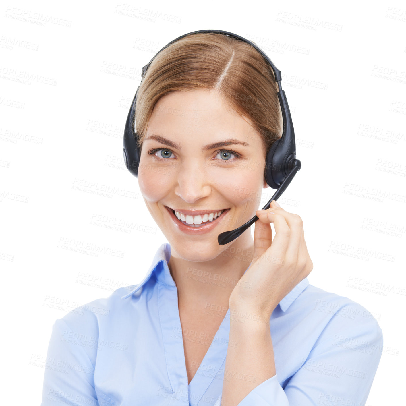 Buy stock photo Customer service, face and portrait of woman at call center in studio isolated on white background. Crm, contact and smile of happy female telemarketing worker, consultant or sales agent from Canada.