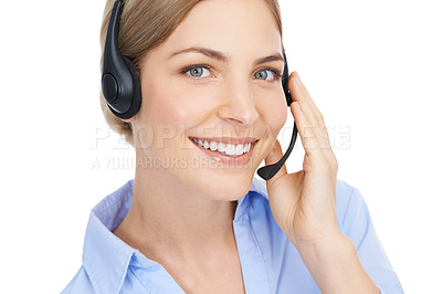 Buy stock photo Portrait, call center or customer service with a woman consultant in studio on a white background for sales. Contact, crm or support with a female employee consultating on a headset for telemarketing