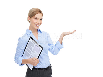 Buy stock photo Portrait, documents and mockup with a business woman in studio on a white background for product research or advertising. Review, brand or data with a female employee holding a clipboard for a survey