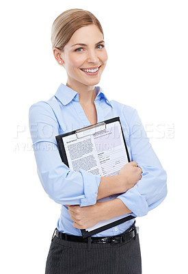 Buy stock photo Hr manager, portrait or paper clipboard on isolated white background in cv review, recruitment or job interview. Smile, happy worker or human resources woman with contract documents for we are hiring
