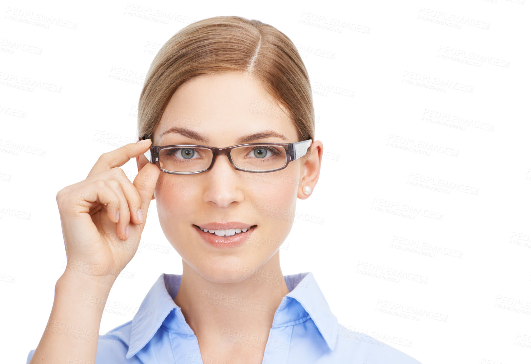 Buy stock photo Portrait, vision and glasses with a woman in studio isolated on a white background for a prescription lenses test. Eyewear, mockup or frame with an attractive young female on blank space for eye care