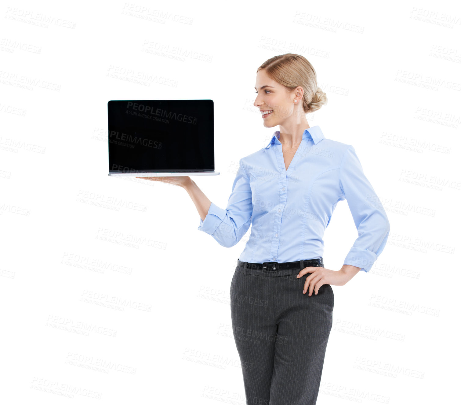 Buy stock photo Laptop, mockup and happy business woman in studio, isolated white background and advertising space. Worker, female model and mock up computer screen, website technology and digital marketing platform