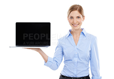 Buy stock photo Portrait, laptop and mockup with a business woman in studio on a white background for advertising a website. Marketing, internet and screen with a female employee holding a computer for display