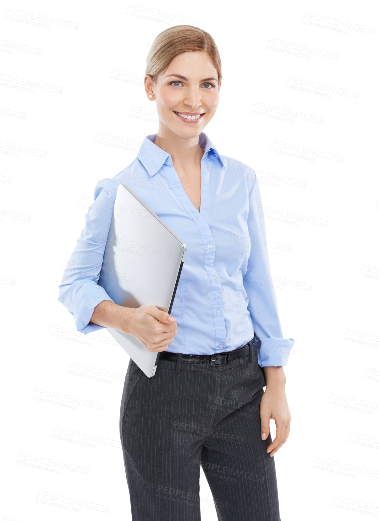 Buy stock photo Employee in portrait with laptop woman and business with technology and internet network on white background. Company communication, email and working with happy professional female and tech mockup
