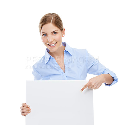 Buy stock photo Portrait, poster and mockup with a woman in studio on a white background pointing to blank advertising or marketing space. Brand, billboard and news with a female holding product placement branding