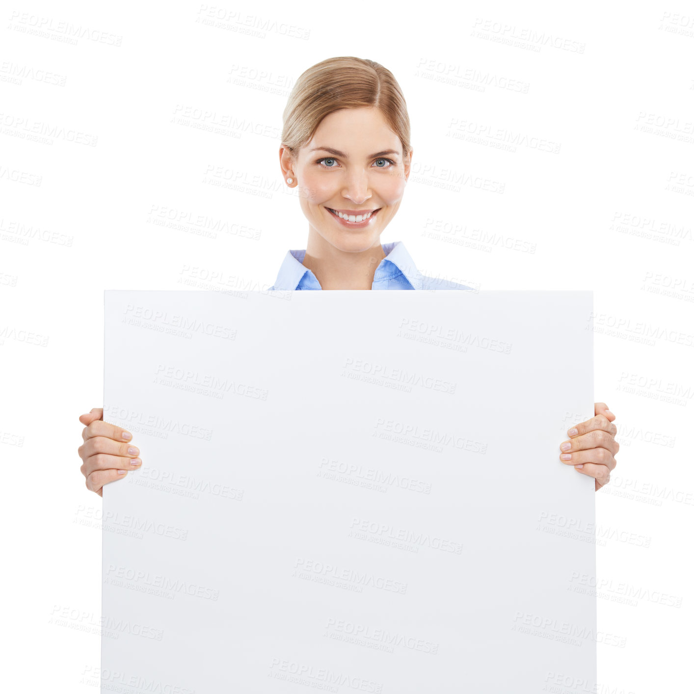 Buy stock photo Portrait of a business woman with a poster with mockup space for announcement, marketing or advertising. Signage, bulletin and female model with blank board with copy space by white studio background