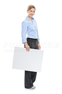 Buy stock photo News, announcement and businesswoman with blank sign, mockup and product placement isolated on white background. Advertising, marketing and body portrait of happy woman with poster board and smile.