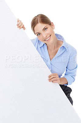 Buy stock photo Business woman, portrait and advertising poster space, billboard or mockup sign for branding banner. Happy female with brand announcement, product placement or marketing isolated on white background