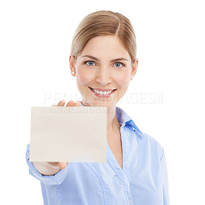 Buy stock photo Business, happy and woman with a card with mockup space for announcement or advertising. Signage, bulletin and portrait of a female model with blank board with copy space by white studio background.
