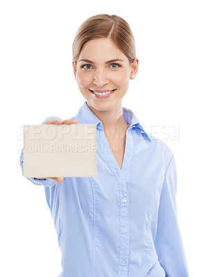 Buy stock photo Happy, mockup and business woman with a card with space for announcement or advertising. Signage, bulletin and portrait of a female model with blank board with copy space by white studio background.