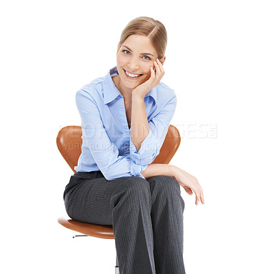 Buy stock photo Happy woman, business portrait and sitting on chair in white background, studio and happiness. Female worker, model and office chair of young employee, entrepreneur and motivation in corporate career