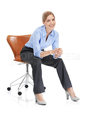 Buy stock photo Portrait, smile and business woman on chair in studio isolated on white background. Ceo, boss and happy, confident and proud female employee from Canada sitting on seat with vision or success mindset