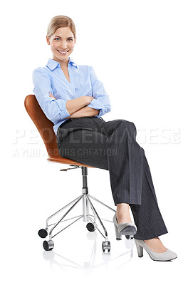 Buy stock photo Portrait, arms crossed and business woman on chair in studio on white background. Ceo, boss and smile of happy, confident or proud female entrepreneur from Canada sitting on seat with success mindset
