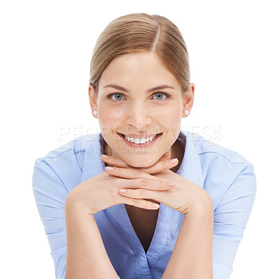 Buy stock photo Portrait, face and business woman in studio isolated on white background. Ceo, boss and smile of happy, confident and proud female entrepreneur from Canada with vision, mission and success mindset.