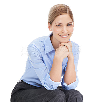 Buy stock photo Face, portrait and business woman in studio isolated on a white background. Ceo, boss and happy, confident and proud young female entrepreneur from Canada with vision, mission and success mindset.