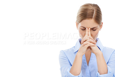 Buy stock photo Business woman, stress and anxiety with headache on mockup against a white studio background. Isolated female employee suffering from depression, thinking or frustrated with hands on head
