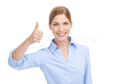 Buy stock photo Business woman, happy portrait and thumbs up for winning, approval or thank you for support or service. Face of female with like hand emoji for deal, sale or discount isolated on white background