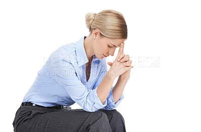 Buy stock photo Thinking business woman, hands or stress on white background in mental health, anxiety or isolated burnout. Corporate worker, worry or employee praying in company investment or financial tax crisis