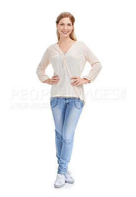 Buy stock photo Fashion, smile and portrait of woman in studio with casual, clothes or confidence on white background space. Fashionable, style and happy female model in comfortable, cool or trendy outfit choice