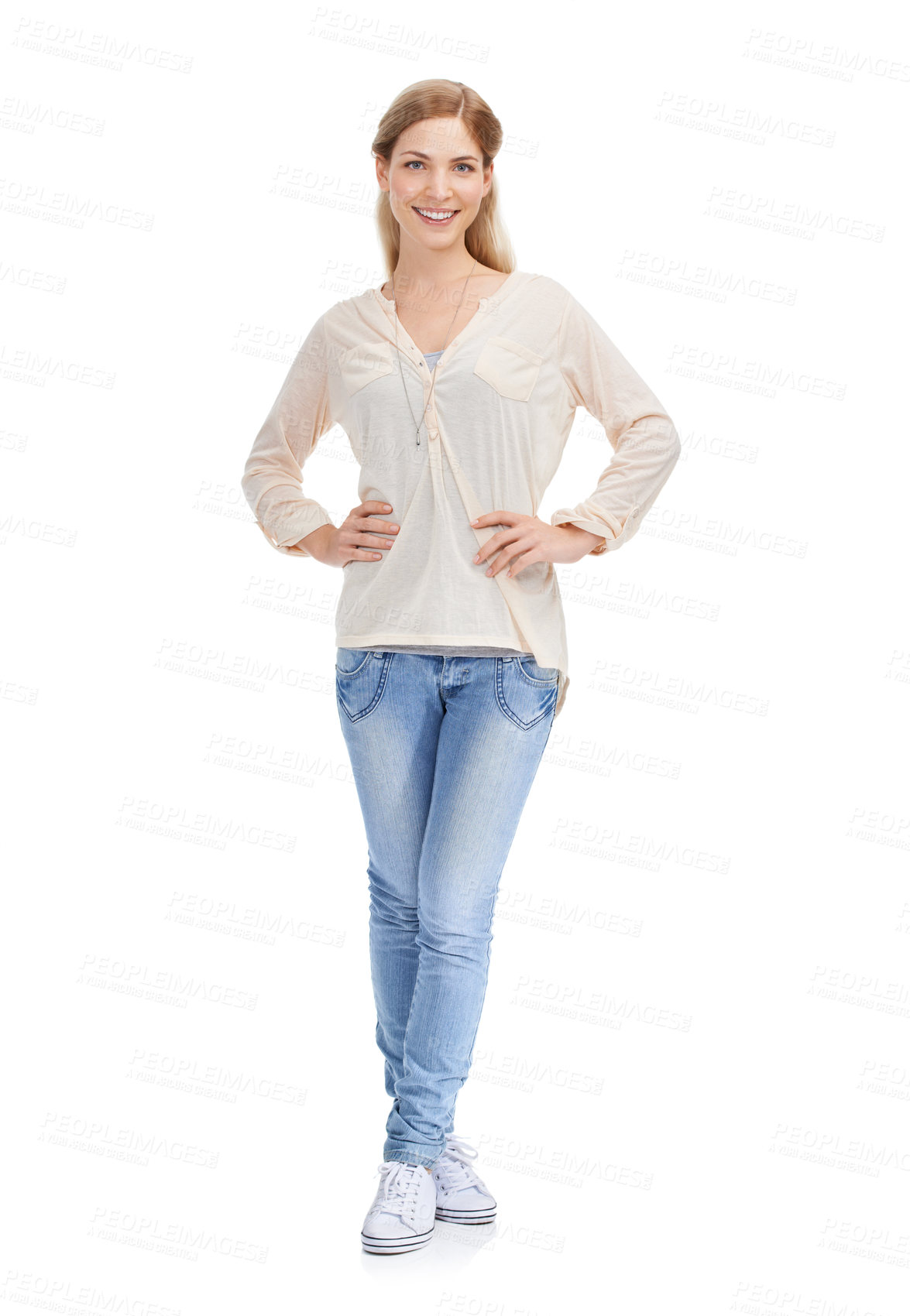 Buy stock photo Fashion, smile and portrait of woman in studio with casual, clothes or confidence on white background space. Fashionable, style and happy female model in comfortable, cool or trendy outfit choice