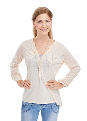 Buy stock photo Fashion, portrait and happy woman in studio with casual, clothes or confidence on white background space. Fashionable, face and female model smile in comfortable style, cool or trendy outfit choice