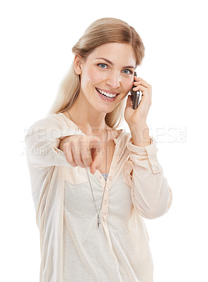Buy stock photo Portrait of happy woman, phone call or pointing to you with smile on white background in studio. Talking, hand gesture or lady speaking of choice, opportunity or selection on mobile communication