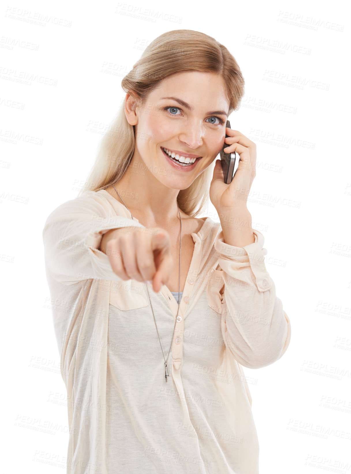 Buy stock photo Portrait of happy woman, phone call or pointing to you with smile on white background in studio. Talking, hand gesture or lady speaking of choice, opportunity or selection on mobile communication