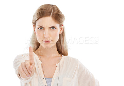 Buy stock photo Studio portrait of an upset young woman chastising the camera isolated on white