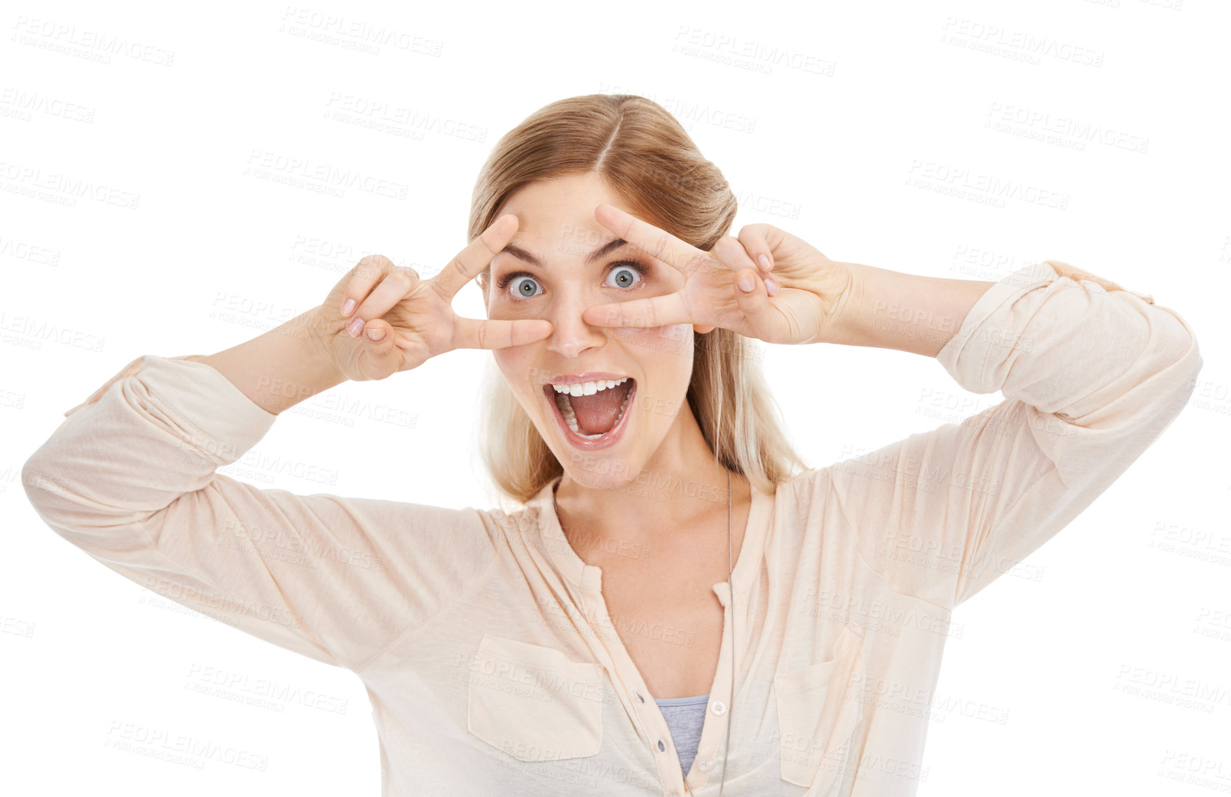 Buy stock photo Excited, peace sign and portrait of woman in studio isolated on a white background. Face, fingers and v hand gesture, emoji and happy young model with funny symbol for victory, success and winning