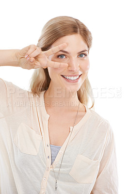 Buy stock photo Portrait, peace sign and happy woman at studio for victory isolated on a white background. Face smile, fingers and v hand gesture, emoji or young model with symbol for winning, success or celebrate