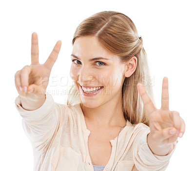Buy stock photo Excited, peace sign and portrait of woman in studio isolated on a white background. Face, fingers and v hand gesture, emoji and happy young model with funny symbol for victory, success and winning