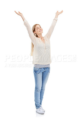 Buy stock photo Full length studio shot of a young woman with her eyes closed raising her arms over her head isolated on white