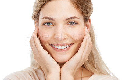 Buy stock photo Smile, skincare and happy woman with hands on face in studio for cosmetic, treatment or shine on white background. Beauty, portrait and female model with wellness, dermatology or glowing skin results