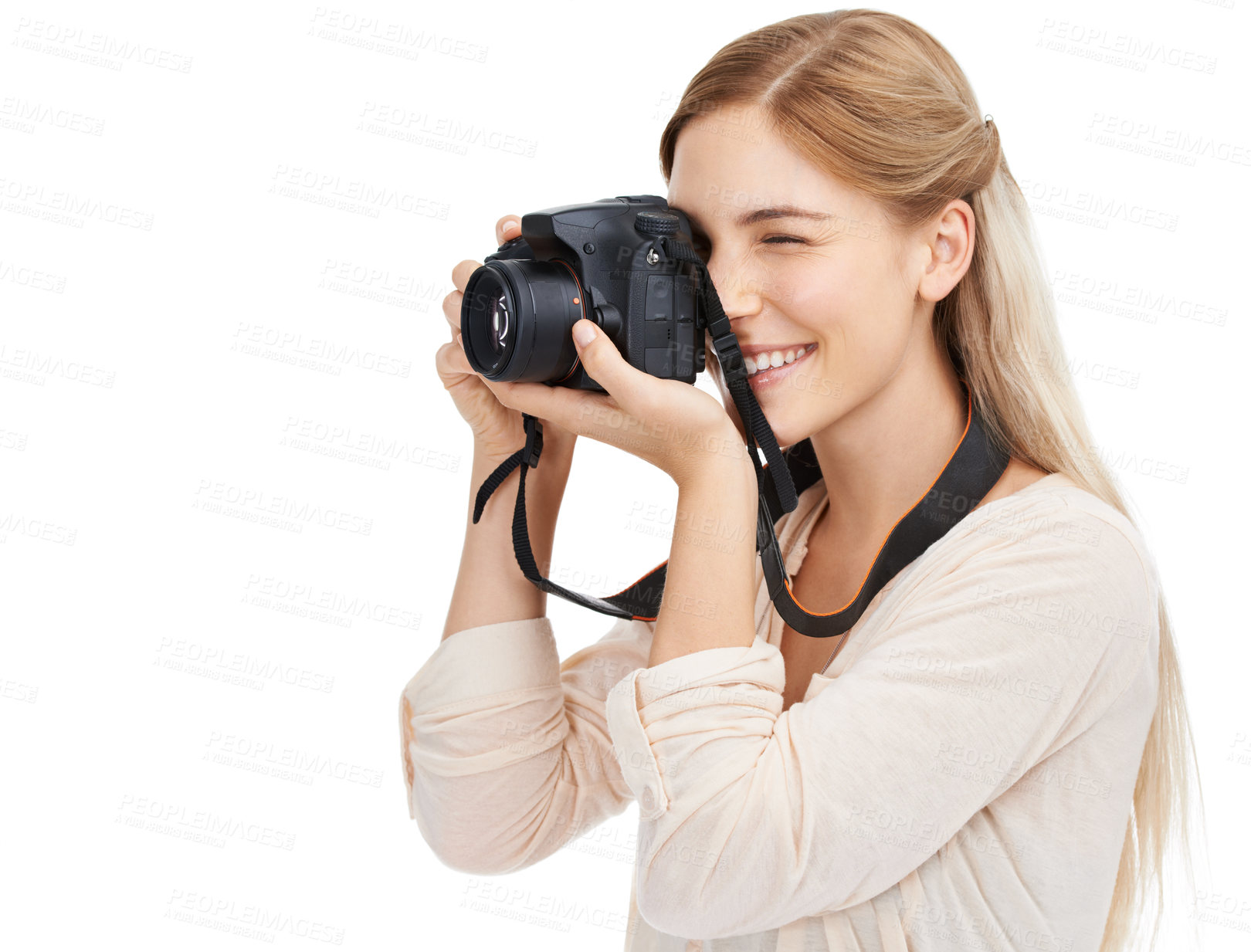 Buy stock photo Photographer, camera and focus with woman and photography take picture for art and photo journalist on white background. Mockup space, creativity and lens in studio for content creation with tech