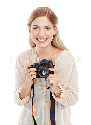 Buy stock photo Portrait, photographer and happy woman with camera in studio isolated on a white background. Face smile, paparazzi and dslr technology for hobby, taking pictures and creative professional photoshoot