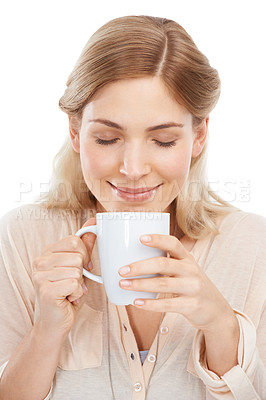Buy stock photo Relax, smile and woman with coffee in studio for break, aroma or peaceful moment on white background. Tea, face and happy female model with hot drink for comfort, scent or caffeine satisfaction