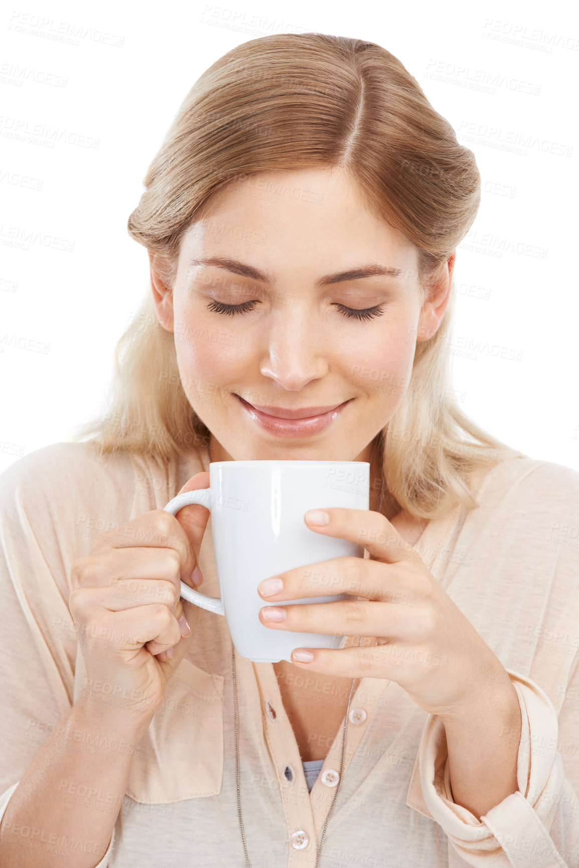 Buy stock photo Relax, smile and woman with coffee in studio for break, aroma or peaceful moment on white background. Tea, face and happy female model with hot drink for comfort, scent or caffeine satisfaction