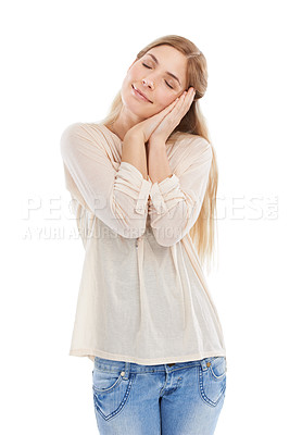 Buy stock photo Woman, sleep and hand gesture with eyes closed in studio isolated on a white background. Tired model, dream and pretend to nap, resting for health and calm to relax in peace for energy in the morning