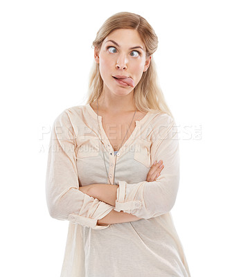 Buy stock photo Funny face, tongue and squint with woman arms crossed in studio isolated on white background for humor. Emoji, comedy or joke and confident young comic feeling silly or goofy with weird body language