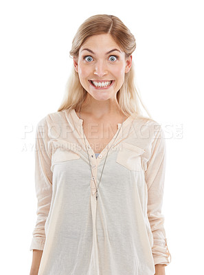 Buy stock photo Portrait, smile and funny face with excited woman in studio isolated on white background for humor. Emoji, crazy or comedy and confident young comic feeling silly or goofy with weird body language