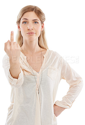 Buy stock photo Angry, portrait or woman with middle finger in studio for attitude, feedback or opinion on white background. Frustrated, rude or lady model face with hate, hand or emoji, sign or reaction to conflict