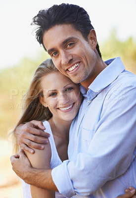 Buy stock photo Smile, love and portrait of couple hug for support, romantic care and security with marriage partner. Embrace, wellness and face of outdoor man, woman or people happy for relationship commitment