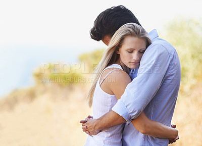 Buy stock photo Couple, affection and love or hug with travel in forest, nature or outdoor for holiday, vacation or trip. Romance, man and woman with embrace or bonding for relationship, date or honeymoon with care 